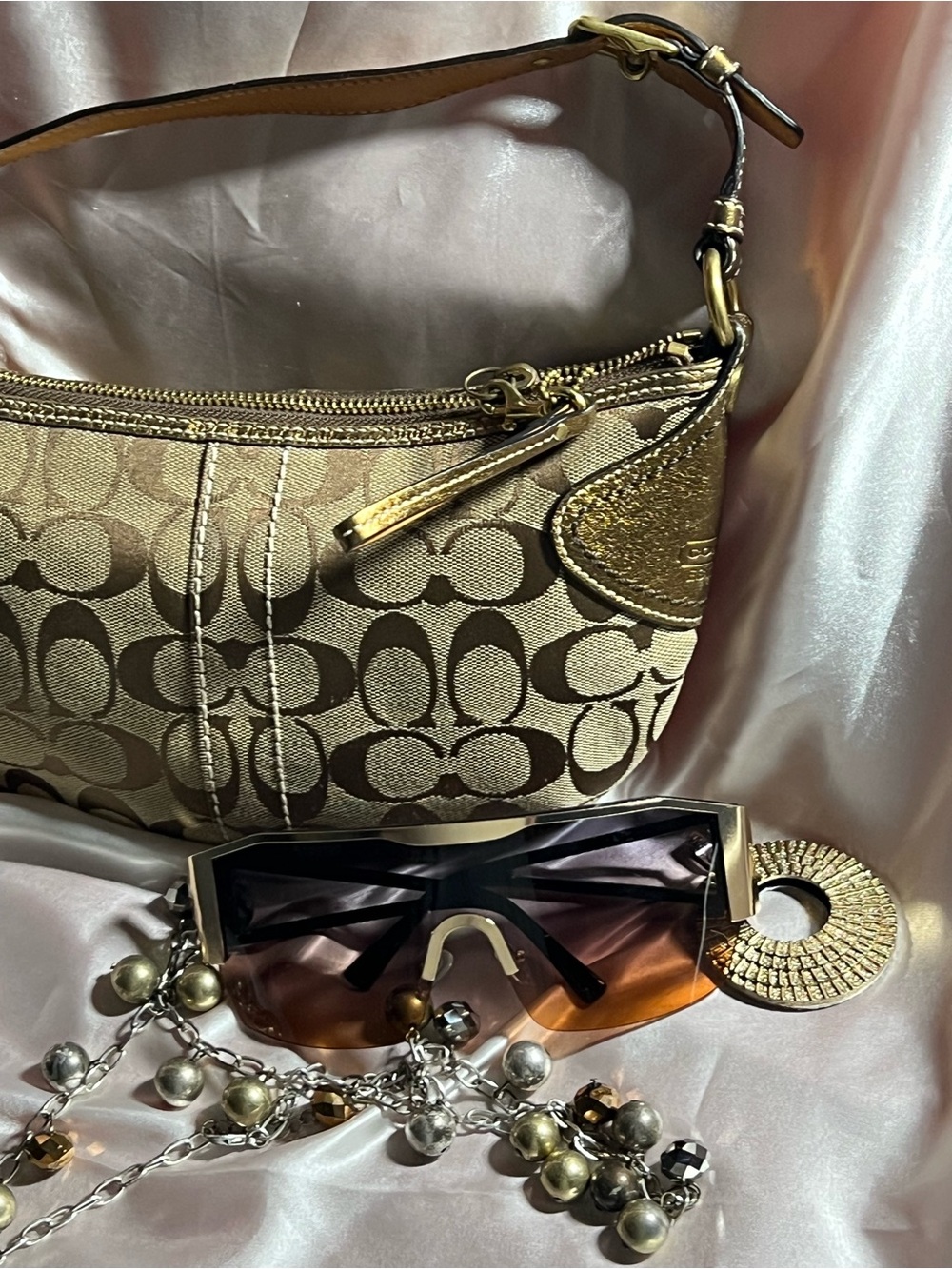 Coach Tan Signature Canvas Shoulder Bag with Gold Hardware
